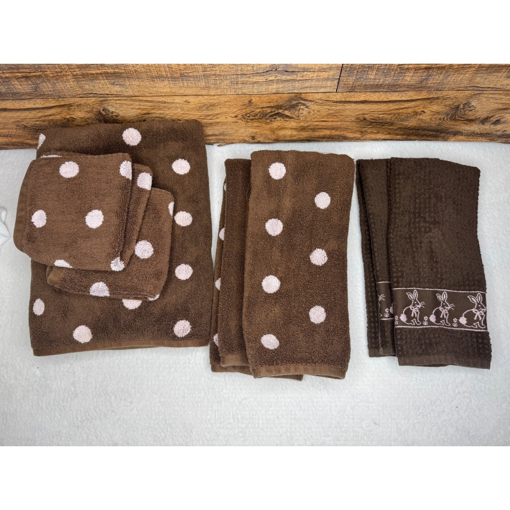 Peri Cotton Towel Set Brown Pink Polka Dot Bunny Embroidered Bath Hand Washcloth